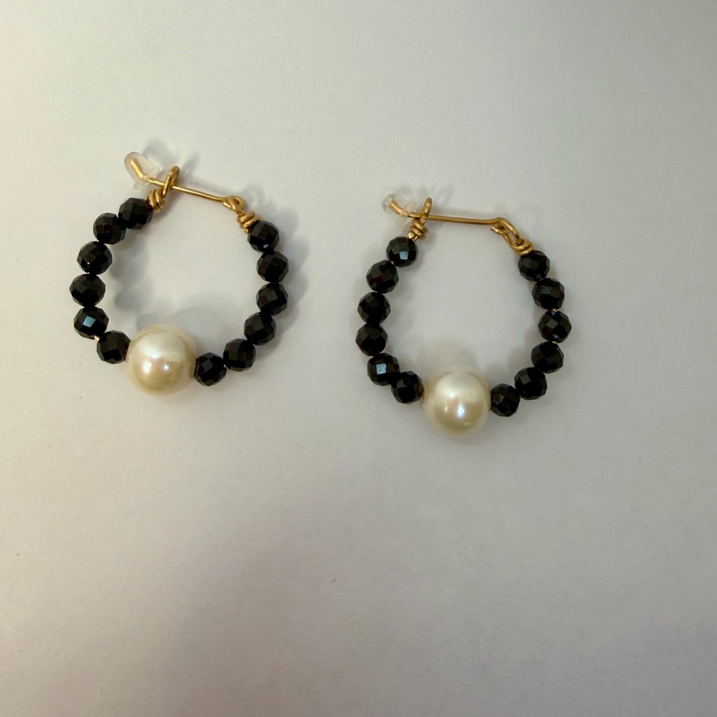 Black Spinel And Pearl Hoop Earrings